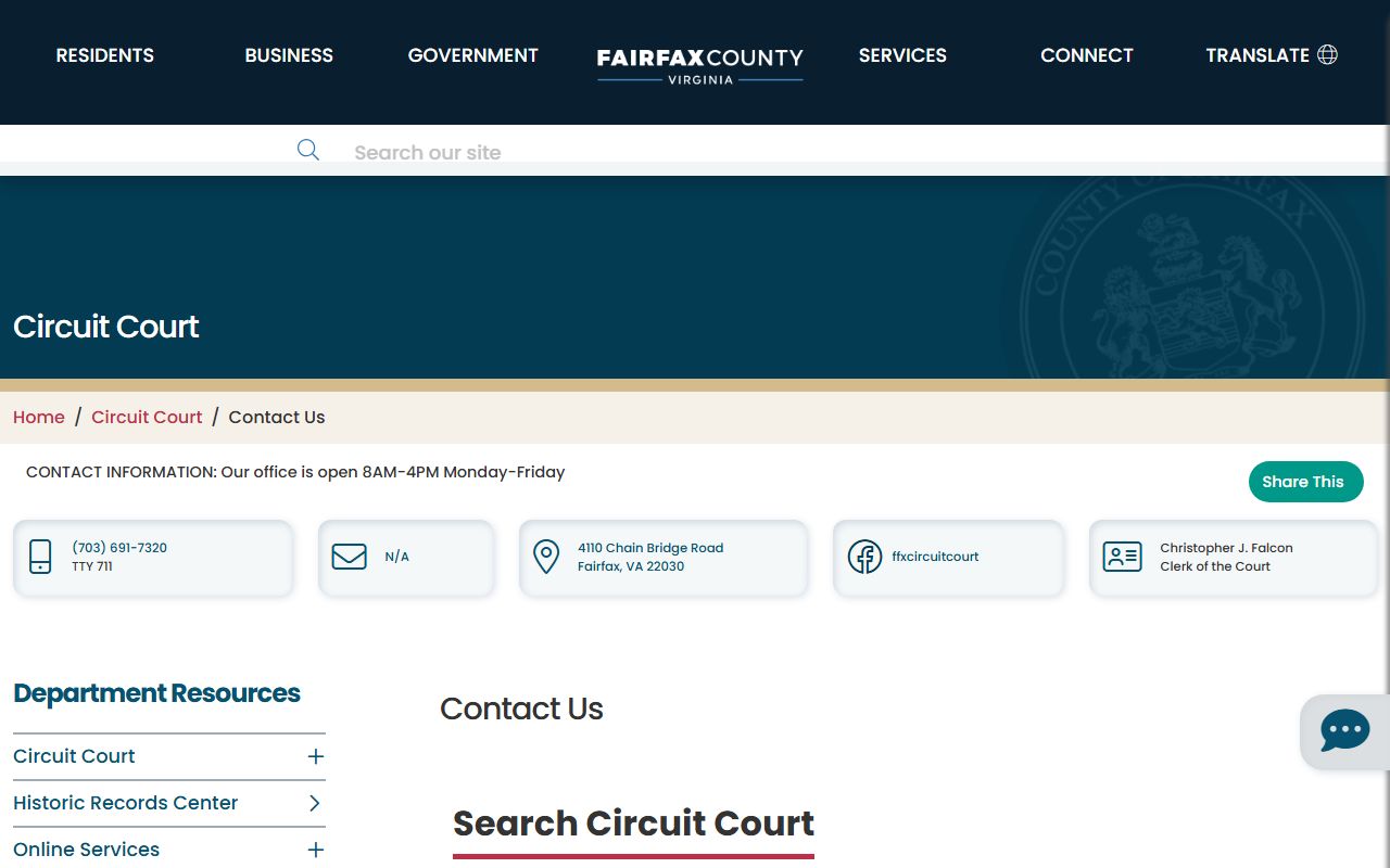 Fairfax County Clerk of Court Circuit Court contact page