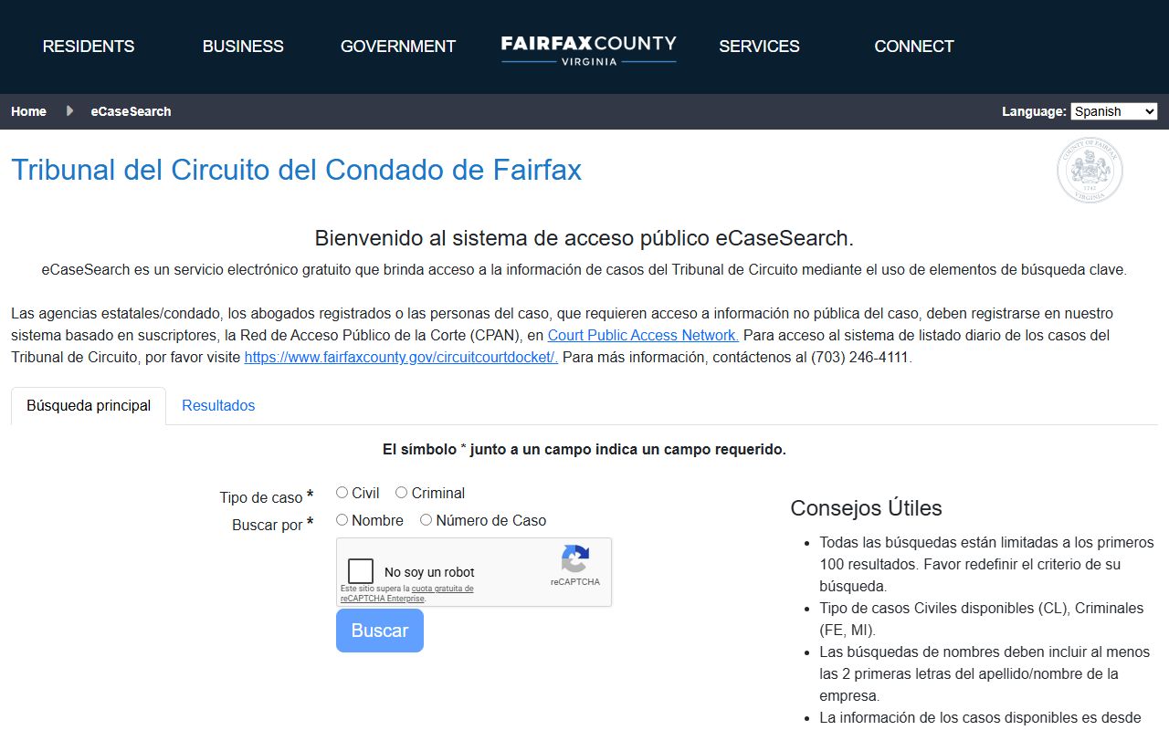 Fairfax County court records search on the eCaseSearch portal