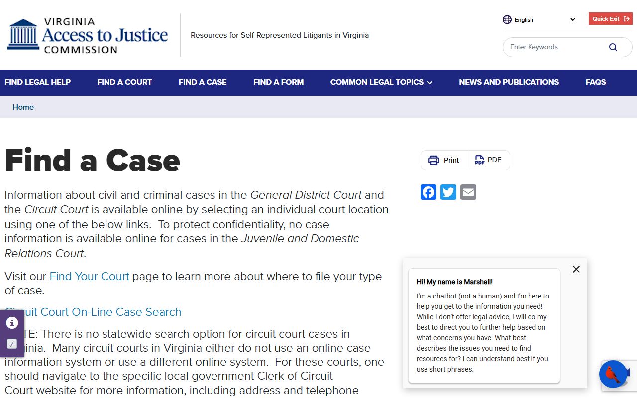 Virginia self-help guide for finding Fairfax County court records
