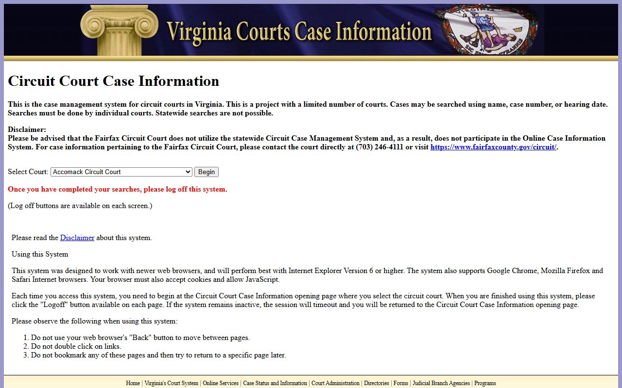 Virginia Circuit Court case information page noting Fairfax County court records