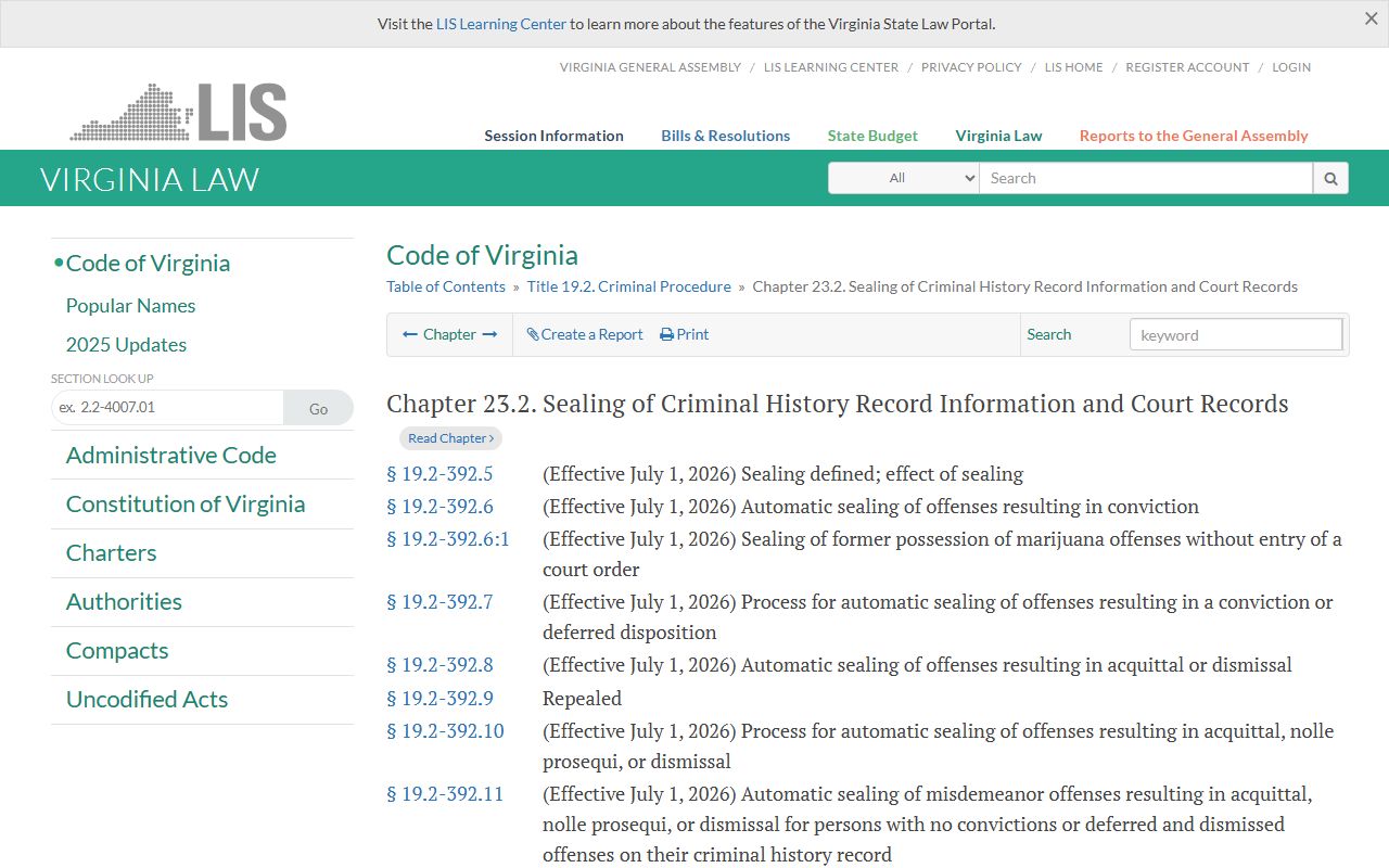 Virginia record sealing chapter affecting Fairfax County criminal records