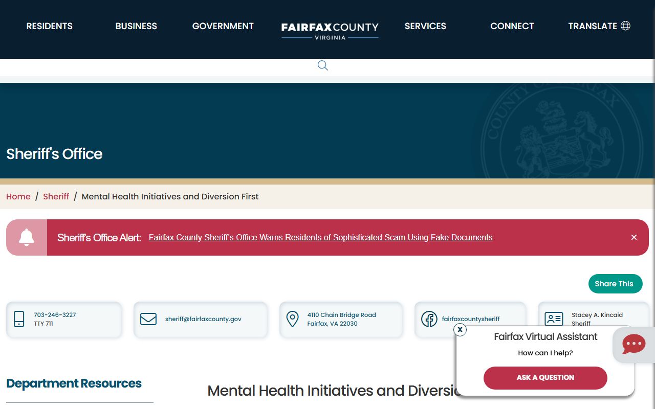 Fairfax County Diversion First page tied to arrest and criminal records