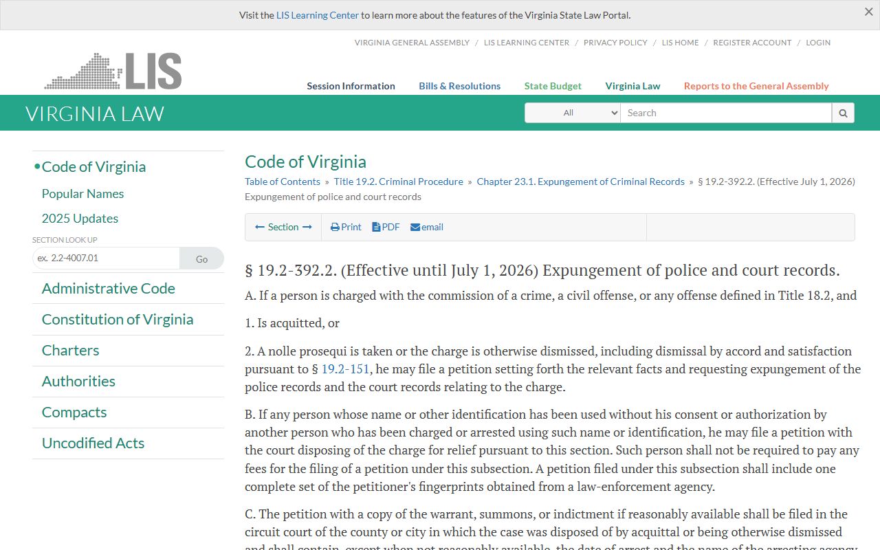 Virginia expungement statute for Fairfax County criminal records