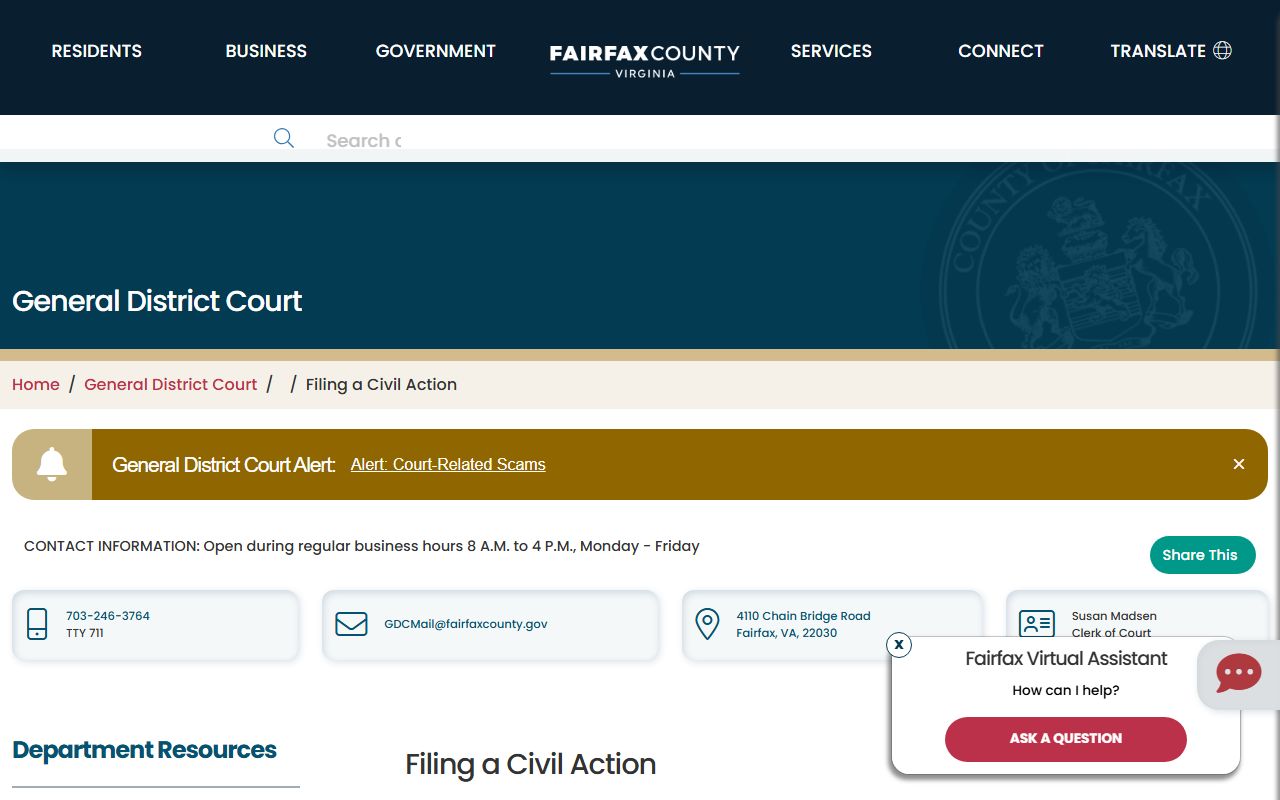 Filing a civil action in Fairfax County District Court