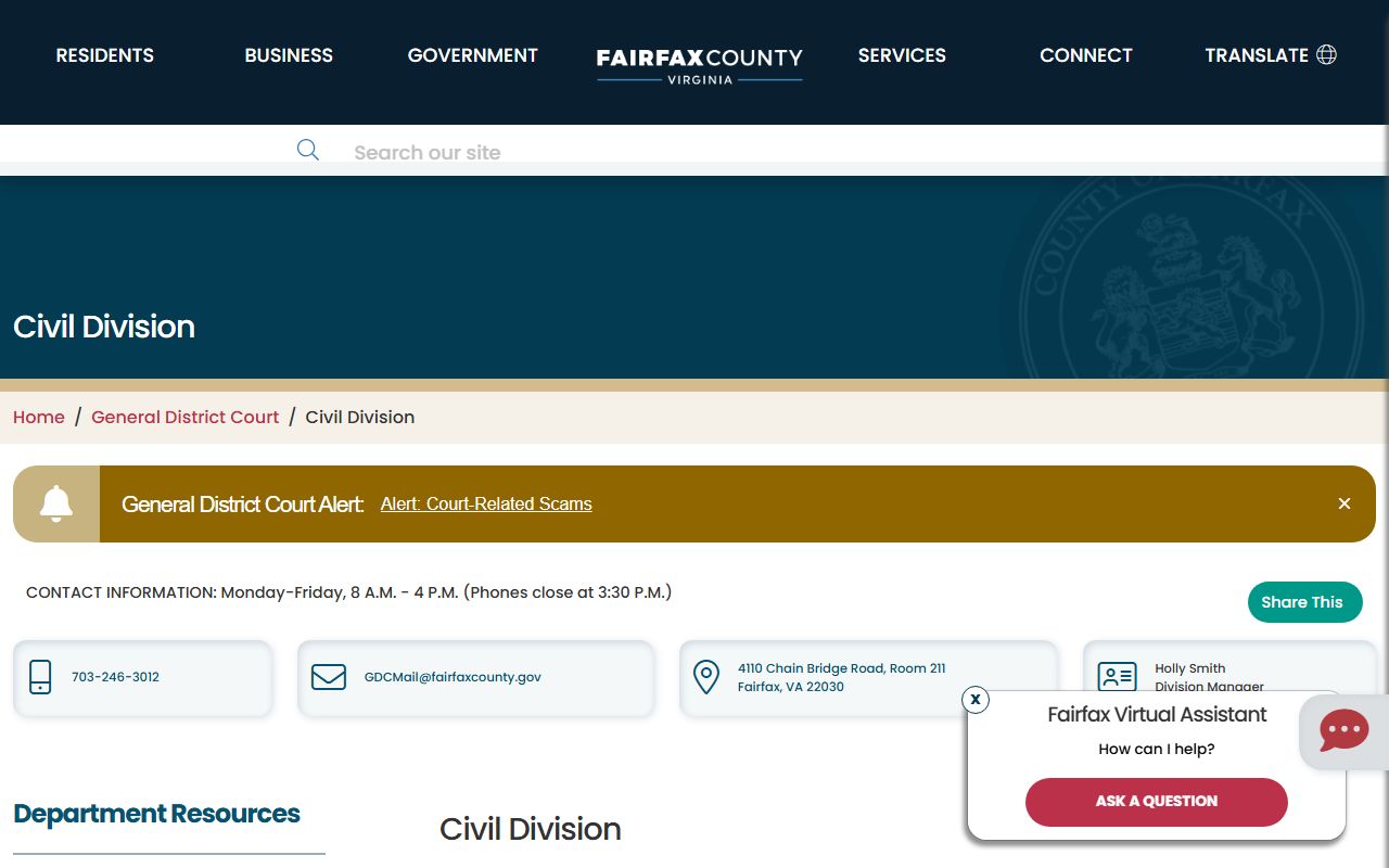 Fairfax County General District Court Civil Division for district court records