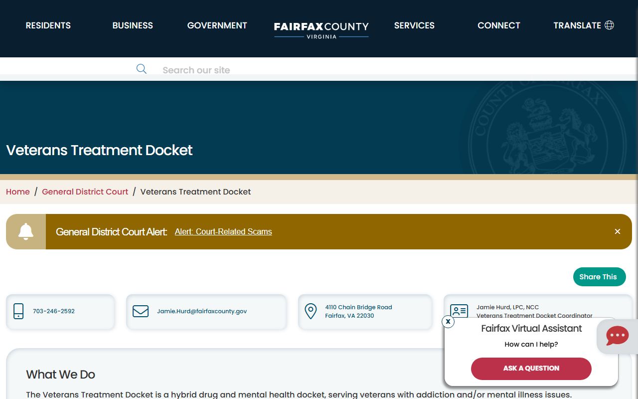Fairfax County Veterans Treatment Docket for district court records