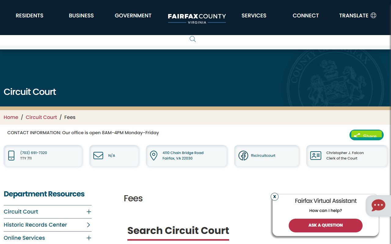 Fairfax County Circuit Court fees page for court records copies