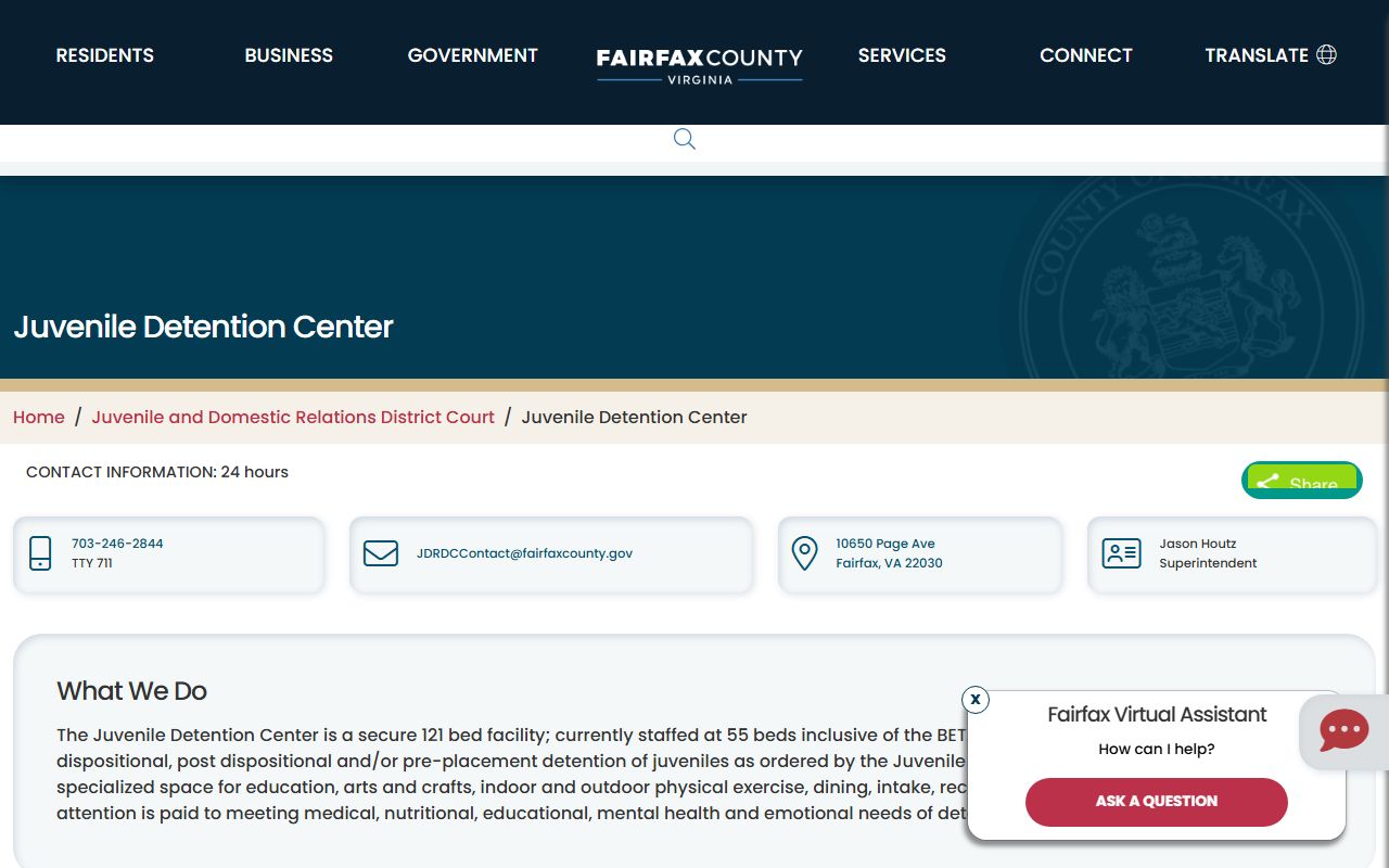 Fairfax County Juvenile Detention Center page for inmate population data