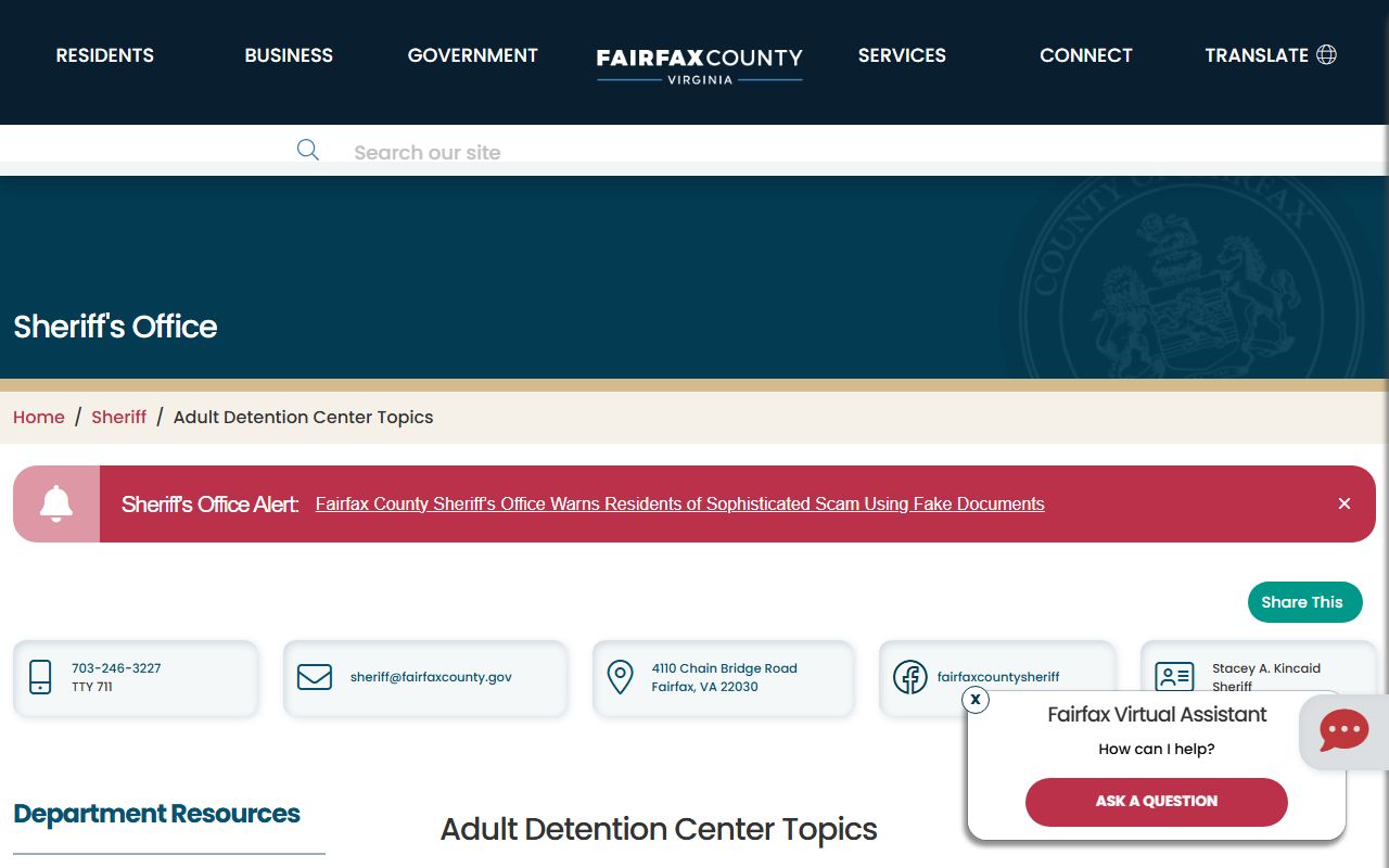 Fairfax County ADC topics page for inmate records and jail housing