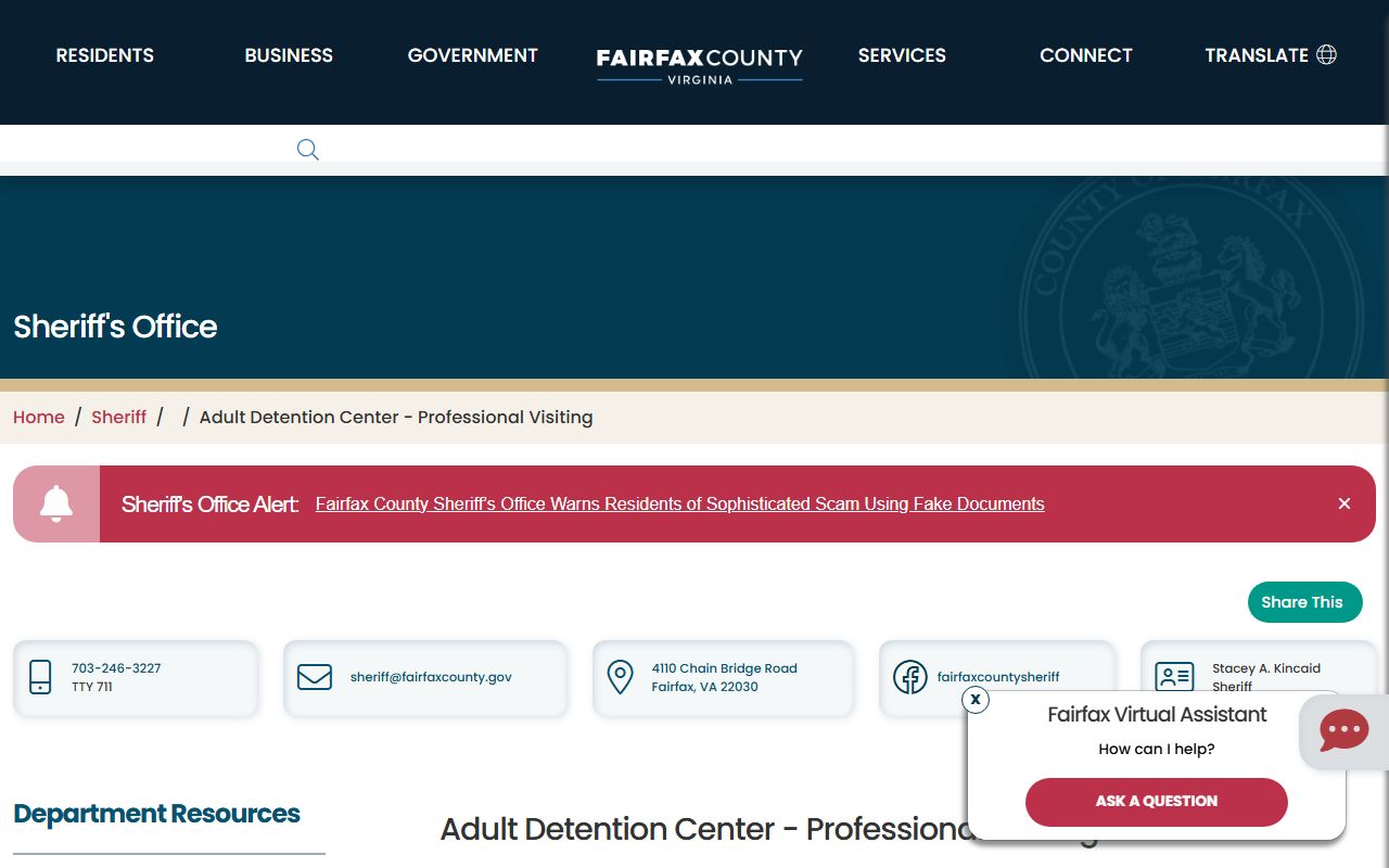 Fairfax County ADC professional visitation rules for inmate records
