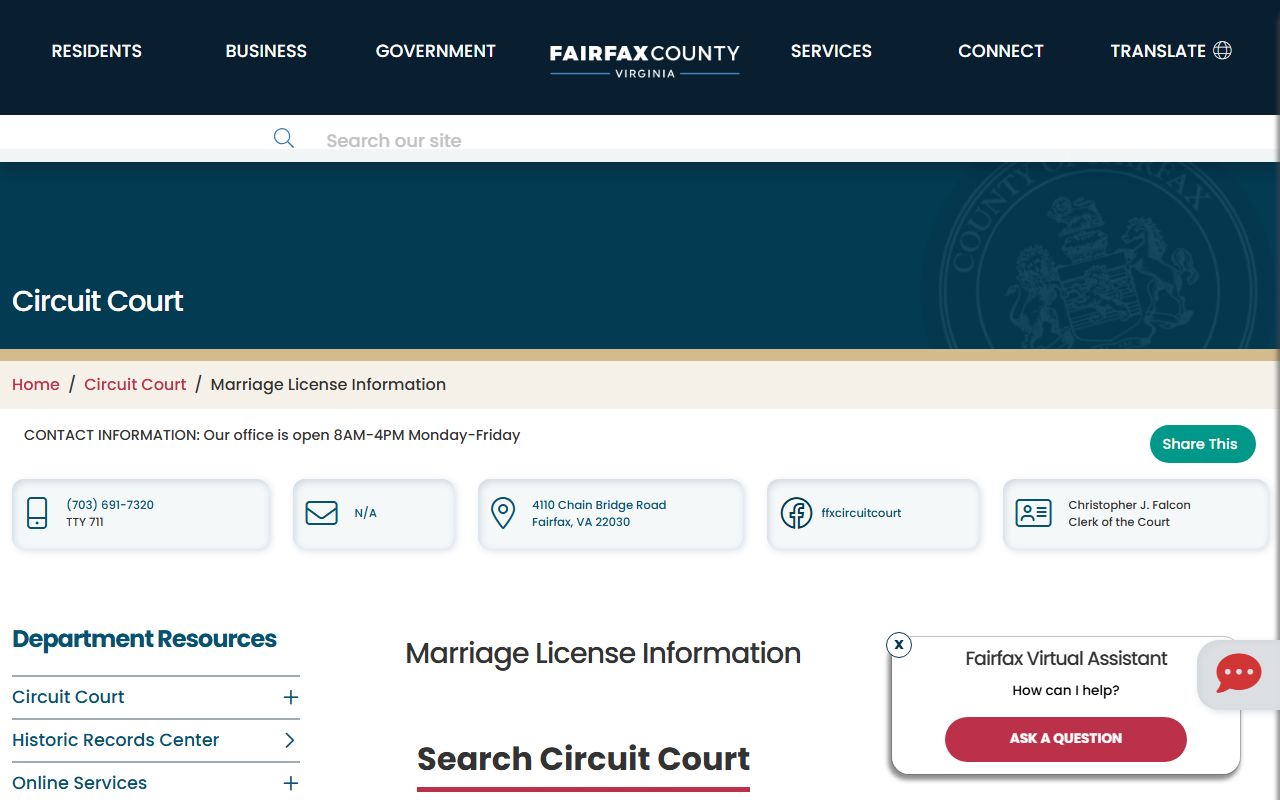 Fairfax County marriage license information for marriage records