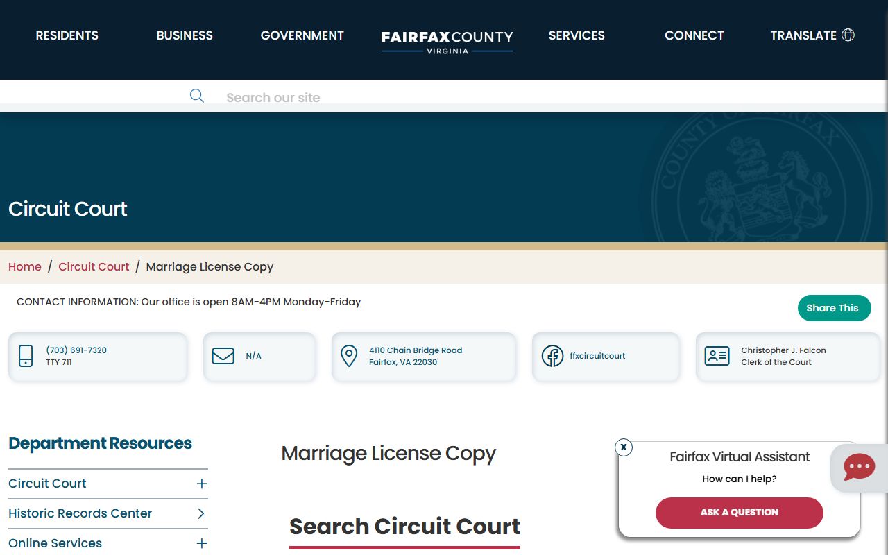 Fairfax County marriage license copy request for marriage records