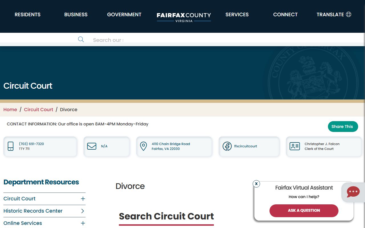 Fairfax County divorce information for divorce records