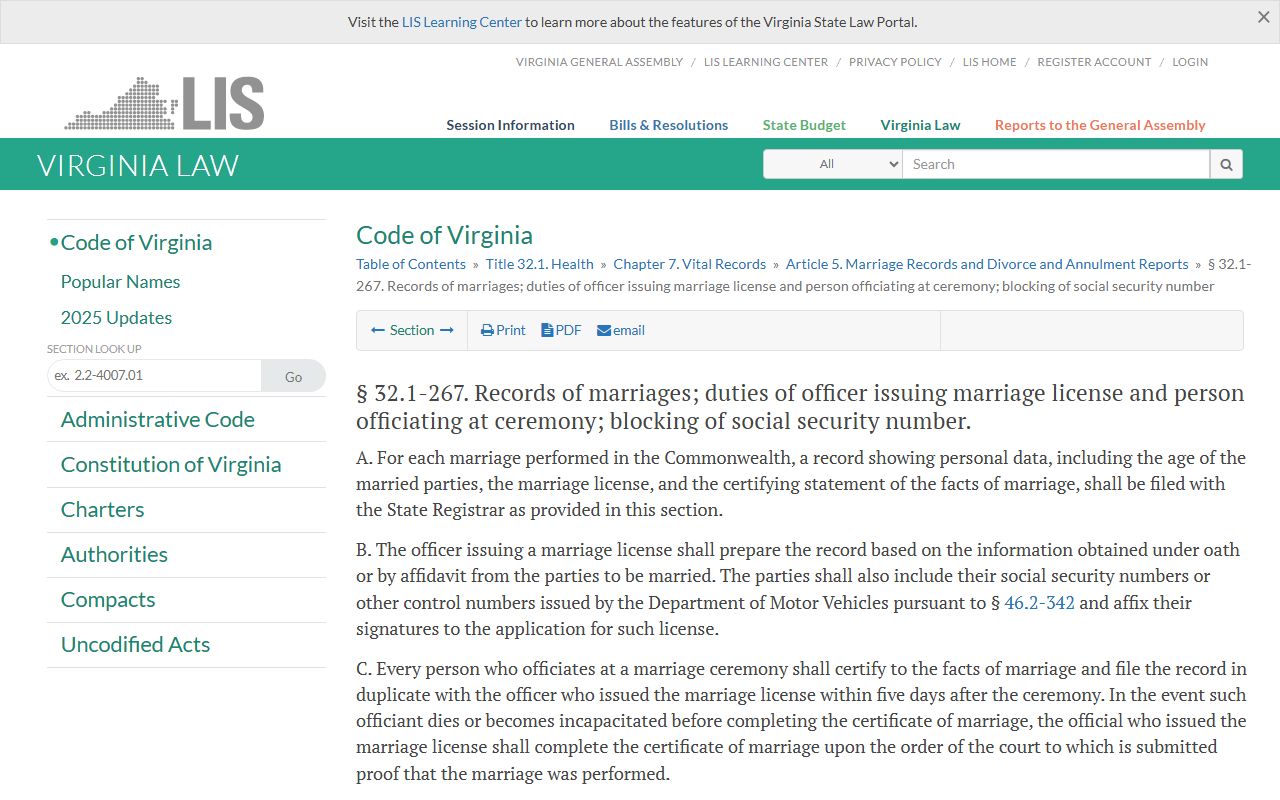 Virginia marriage record confidentiality relevant to Fairfax County probate records