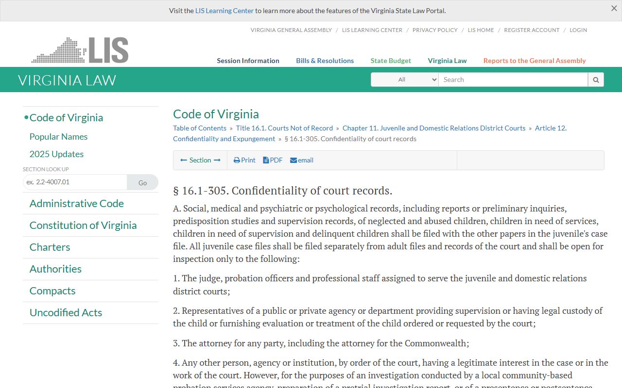 Virginia juvenile court records confidentiality for Fairfax County public records