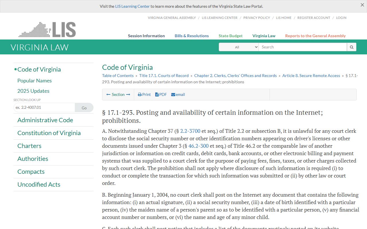 Virginia restricted personal identifiers rule for Fairfax County public records