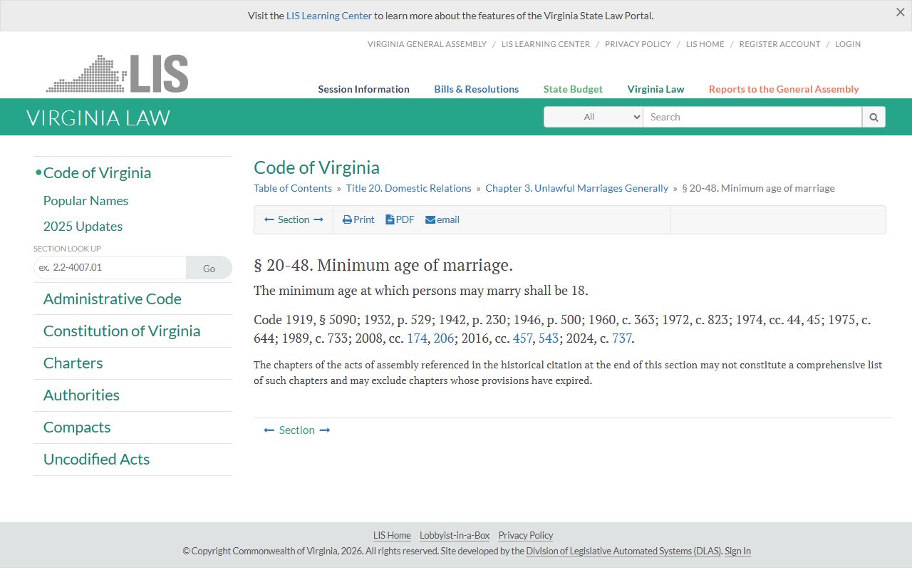 Virginia marriage minimum age rule for Fairfax County public records