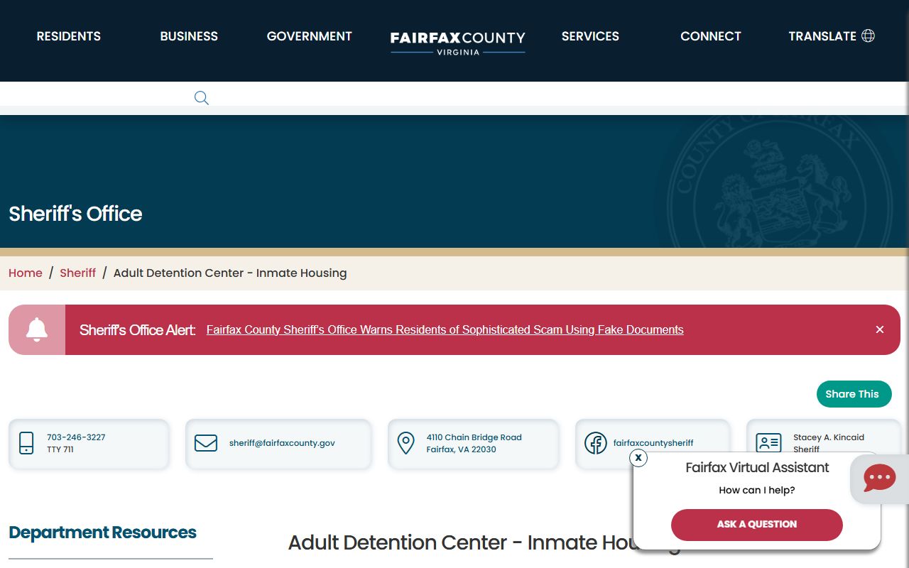 Fairfax County ADC inmate housing page for released inmates lookup