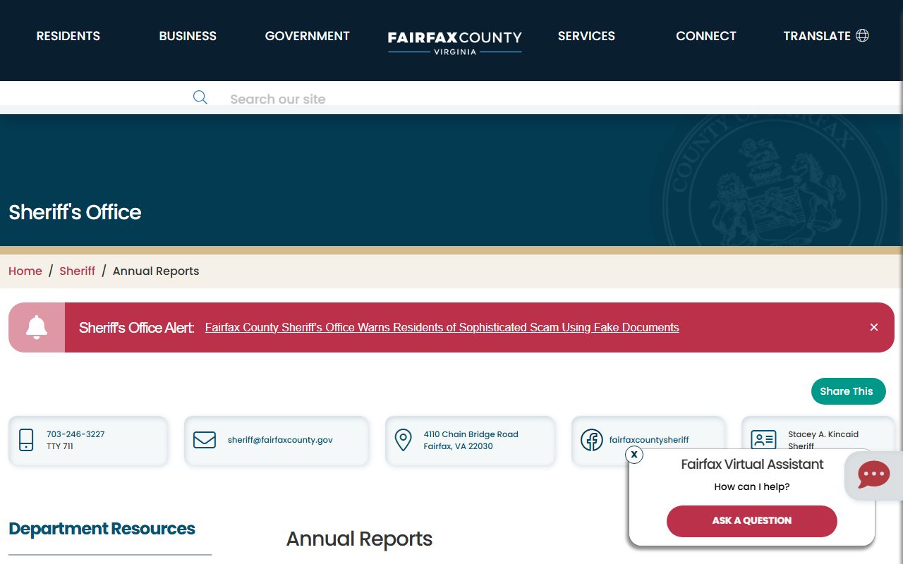 Fairfax County Sheriff annual reports related to released inmates