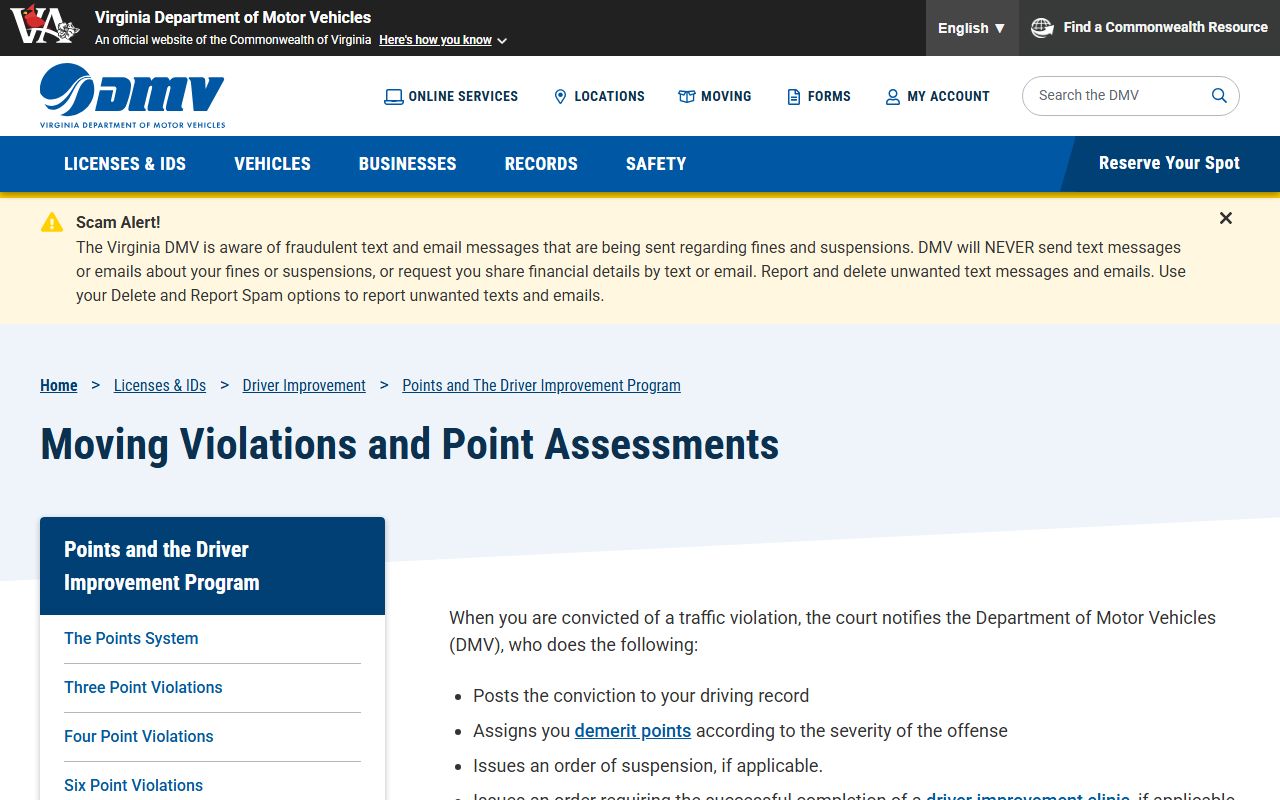 Virginia DMV demerit points for Fairfax County traffic court records