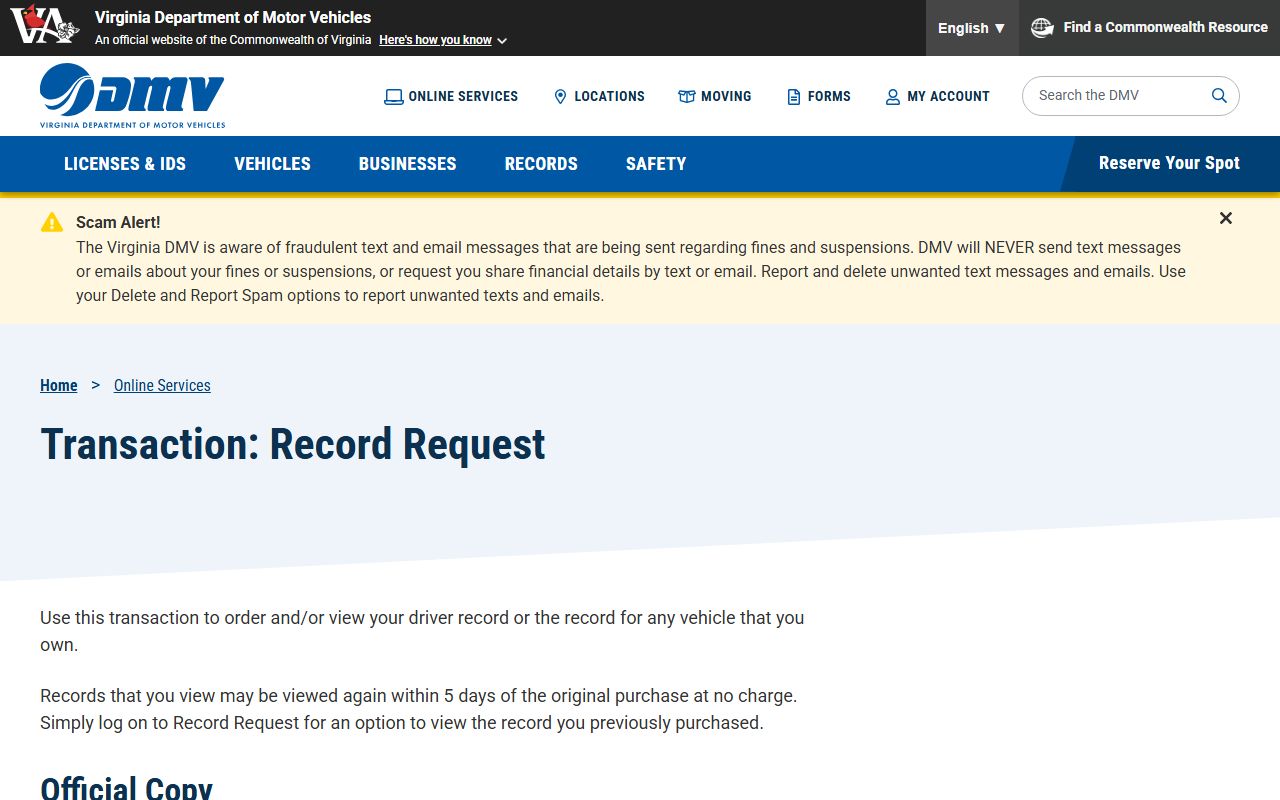 Virginia DMV record request for Fairfax County traffic court records