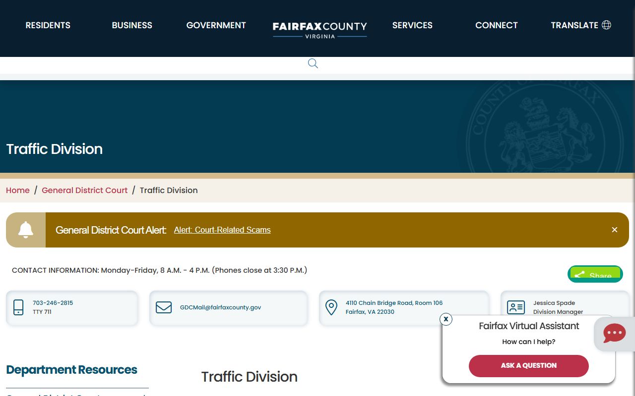 Fairfax County General District Court Traffic Division for traffic court records