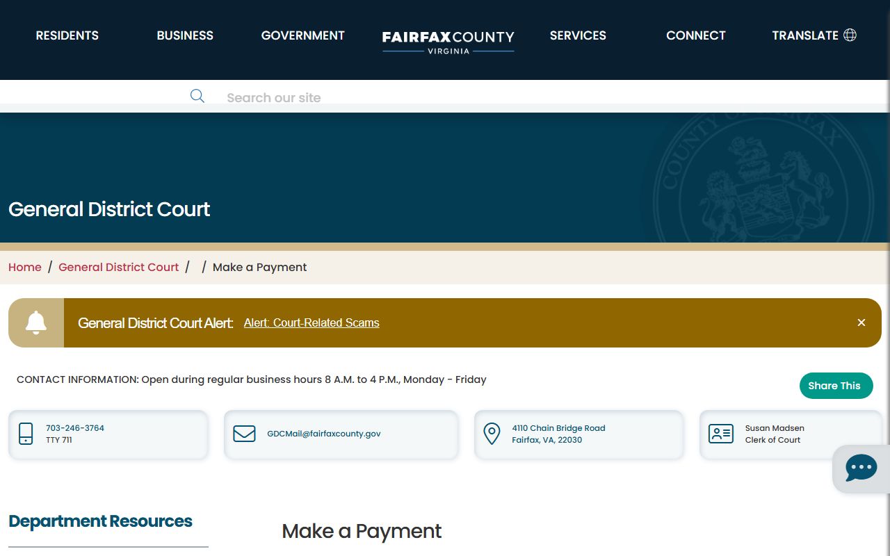 Fairfax County traffic and criminal payment page for traffic court records