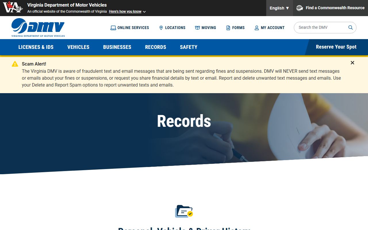 Virginia DMV records landing page for Fairfax County traffic court records