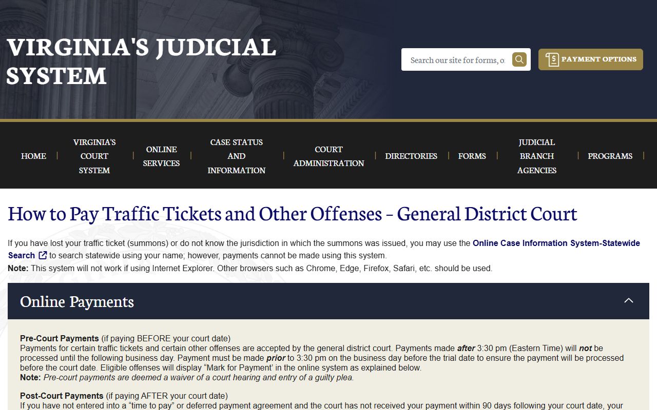 Virginia traffic ticket payment guidance for Fairfax County traffic court records